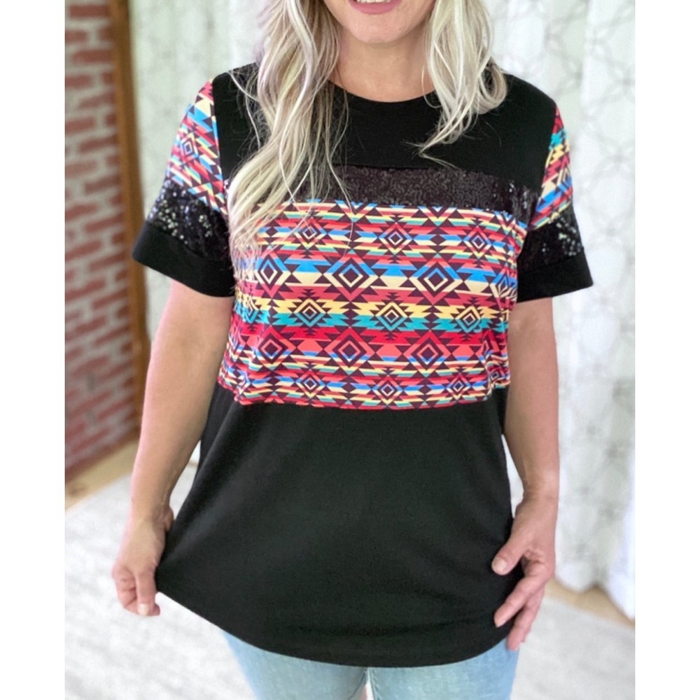 Sunshine & Rodeos black sequin Aztec print short sleeve tee